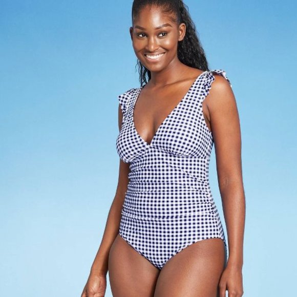Ruffle gingham high coverage one piece swimsuit - Picture 3 of 9